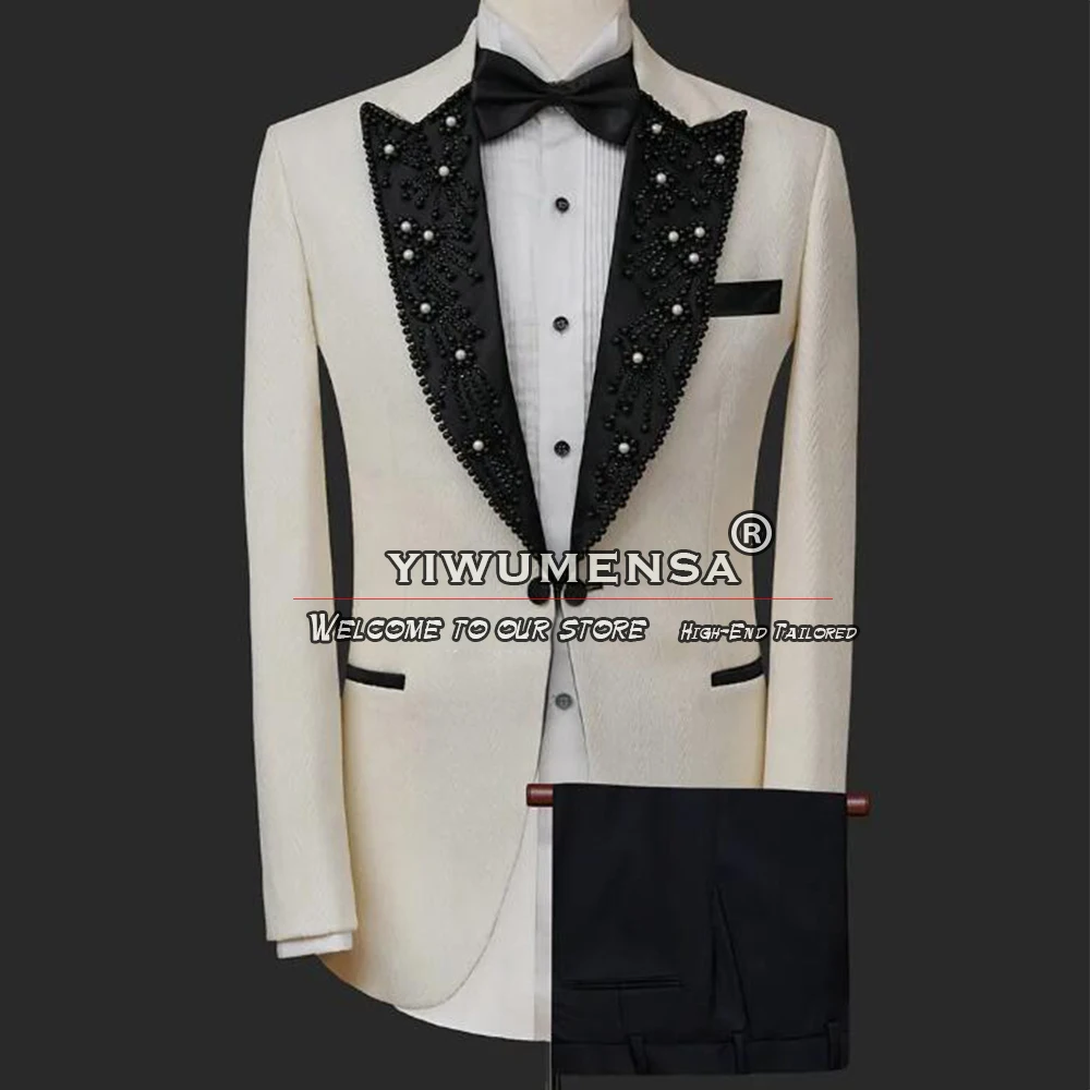 

Ivory Suit Men For Wedding Black Peaked Lapel Beading Pearls Prom Blazer Plus Size 2 Pieces Coat Pants Groom Tuxedos Man Dress