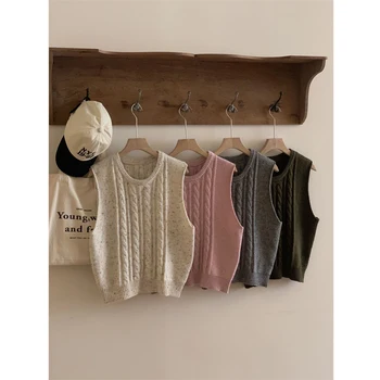 2023 여성 라운드넥 트위스트 니트 조끼, 민소매 스웨터, 다용도 꽃무늬 원사, 도트 디자인, 한국 스타일