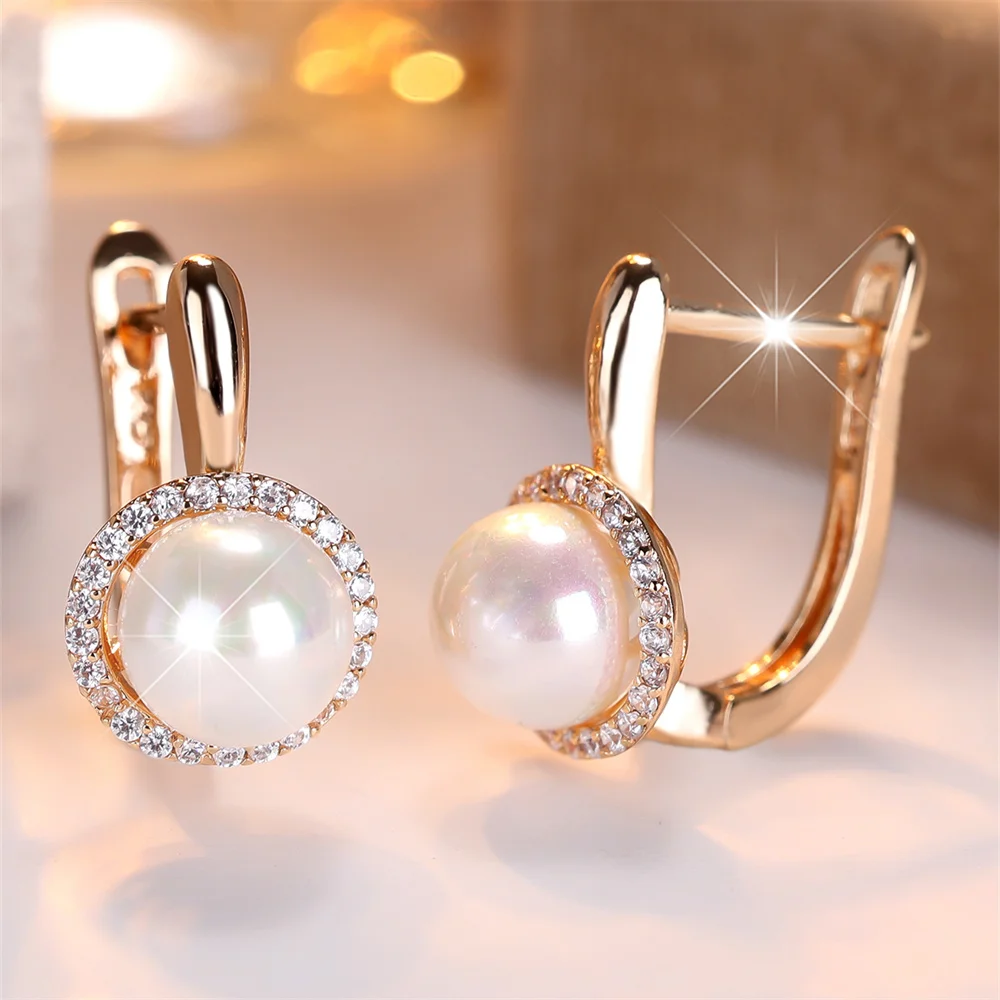 White Round Simulated Pearl Small Hoop Earrings For Women Vintage Gold Color Ear Buckle Wedding Jewelry Versatile Gifts