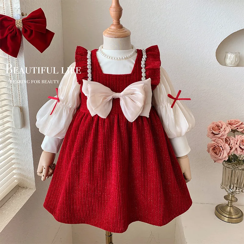 

White Girls Set Red New Year Velvet Thick Princess Dress Long Sleeve Lantern Sleeve T-shirt and Sundress Two-piece Girls Clothes
