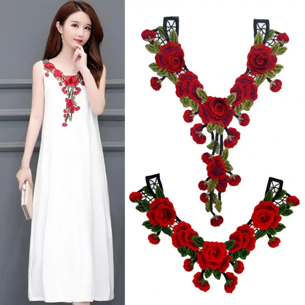 Flower Clothes Patch V-Shaped Hollow Out Collar Applique DIY Embroidered Flower Leaves Applique Trim Patch Clothing Accessories
