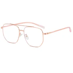 Sleek Blue Light Blocking Fashion Eyeglasses with Metal Double Bridge and Large Frame (Rose - gold)