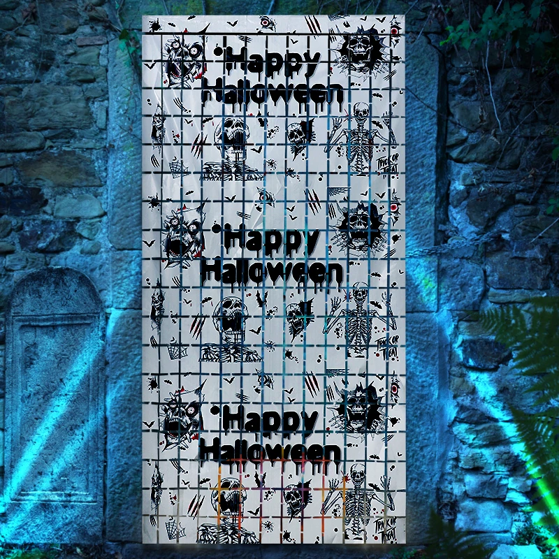 2M Halloween Party Backdrop Scary Skull Skeleton Foil Curtains for Halloween Indoor Outdoor Home Decoration Photo Booth Props