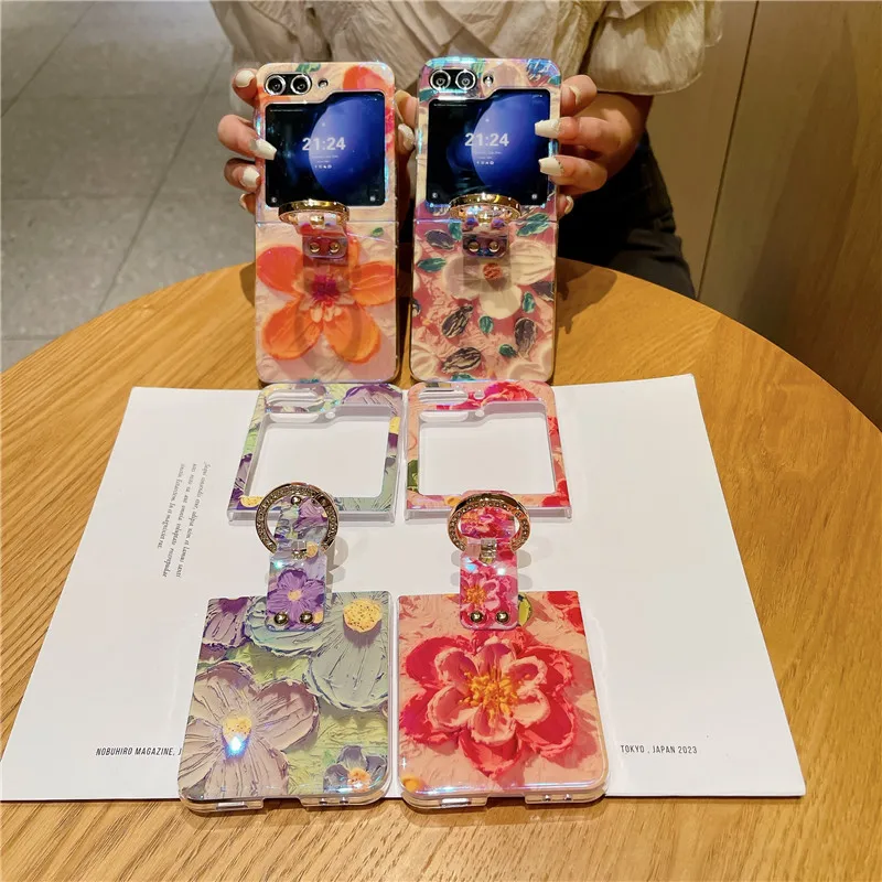 Ring Blu-ray Flower Phone Case For Samsung Galaxy Z Flip 5 4 3 5G PC Protective Flip5 Flip4 Flip3 Cover