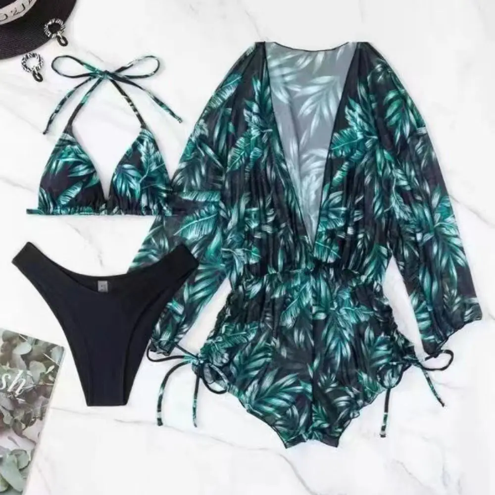 Halter Neck Strap Bikini Sets Print Drawstring Side Long Sleeve Bathing Suit Push-up Bra 3 Pieces Set 3 Pieces Halter Bikini