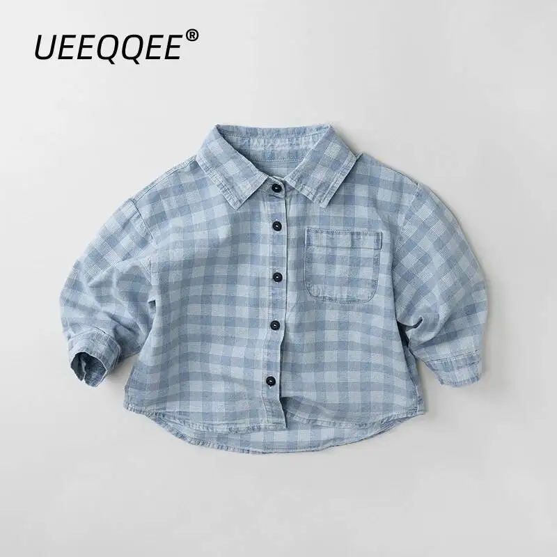 Frühling Herbst Kinderhemden 1-8 Jahre Jungen Baumwolle Denim Kariert mit Taschen Lässige Langarm-Oberteile Koreanische Kleinkinderkleidung – Detail 1