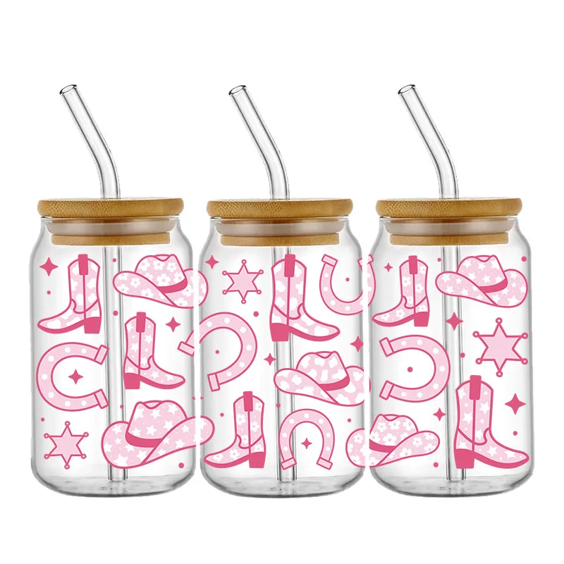 핑크 부츠 모자, 16OZ UV DTF 컵 랩 전사 스티커, 유리 리비 캔 병 자체 접착 세척 가능, DIY 커스텀