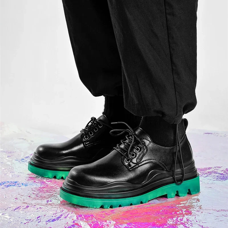

New Men Leather Platform Oxfords Slip On Thick Tottom Male Derby Shoes Black Casual Loafers Mens Square Toe Formal Dress Shoes
