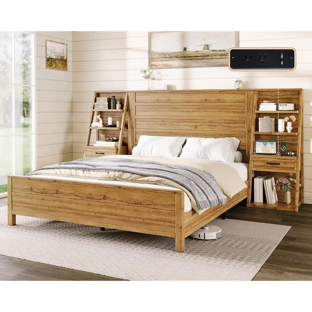 Farmhouse Style King Bed with Wide Headboard, 4-Tier Shelves, Charging Station, 2 Drawers, No Box Spring Required, Natural Oak F