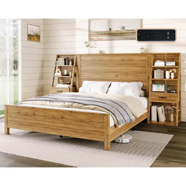 Farmhouse Style King Bed with Wide Headboard, 4-Tier Shelves, Charging Station, 2 Drawers, No Box Spring Required, Natural Oak F
