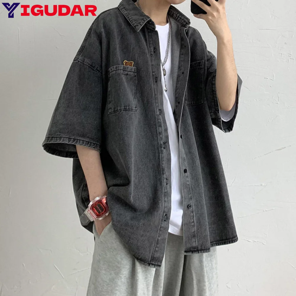 

2023 Shirts Men Clothing Fashion Short Sleeve Summer Korean Style Loose All-match Cargo Handsome Homme Solid Tops Harajuku