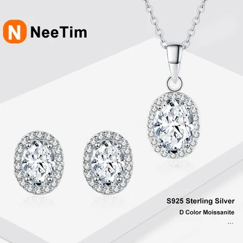 NeeTim 0.5ct 1ct Oval Cut  Moissanite Jewelry Set S925 Silver with 18K Gold Plated Oval Pendant Necklace Earrings Sets for Women