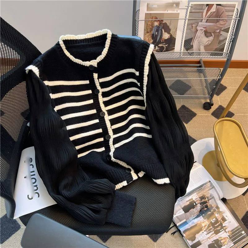 여성용 스트라이프 니트 스웨터, 캐주얼 루즈 패치워크 긴팔 니트웨어, 여성 대학 스타일, 짧은 싱글 브레스트 가디건, 신제품