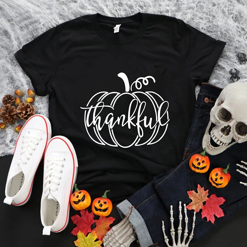 

Pumpkin Halloween T Shirt Women Thankful Graphic Tee Witch Clothes Ladies Cotton Short Sleeve Thanksgiving Femme T-shirt Tops