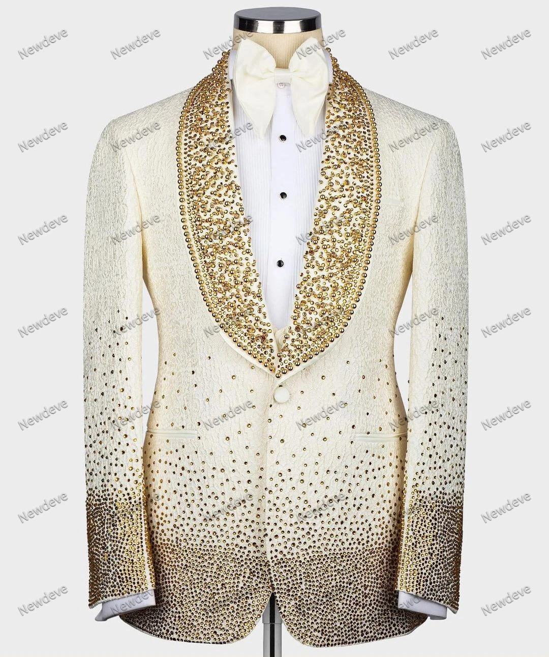 

Luxury Men's Suits Tailored 2 Pieces Blazer Vest One Button Wide Lapel GoldBeads Diamonds Crystals Plus Size Host Custom Made