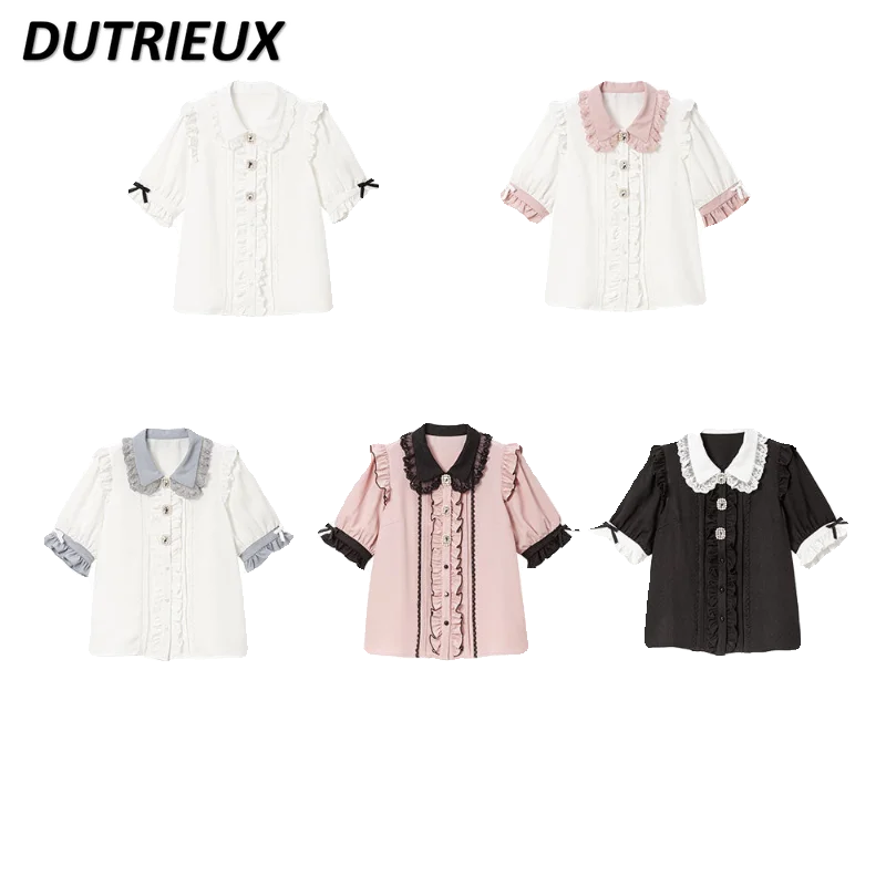 Japanese Sweet Cute Heavy Industry Crystals Base Shirt Short Sleeve Summer Lace Edge Blouse All-matching Student Lolita Top