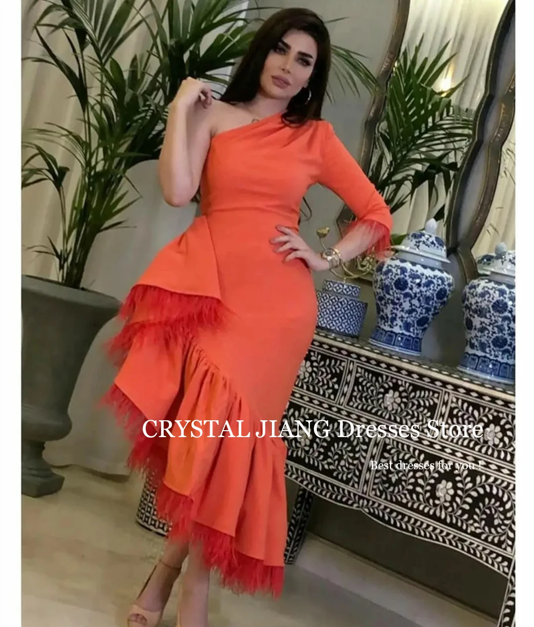 

Elegant Short One Shoulder Crepe Evening Dresses Half Sleeves with Feathers Mermaid Pleated Tea Length for Women