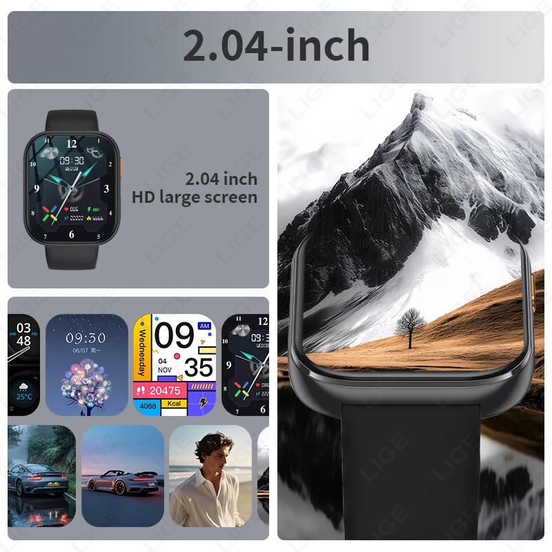 LIGE AMOLED Smart Watch Men 2.04 Screen Bluetooth Call Health Monitor IP68 Waterproof Sport Women Smartwatch New For Android IOS