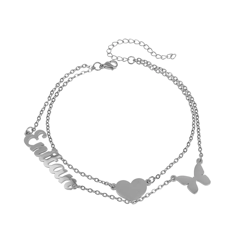 Kcaco Custom Edelstahl Doppelschichten Damen Namensarmband mit Herz Schmetterling Personalisiertes Namensschild Handkette Charm Geschenk – Detail 6