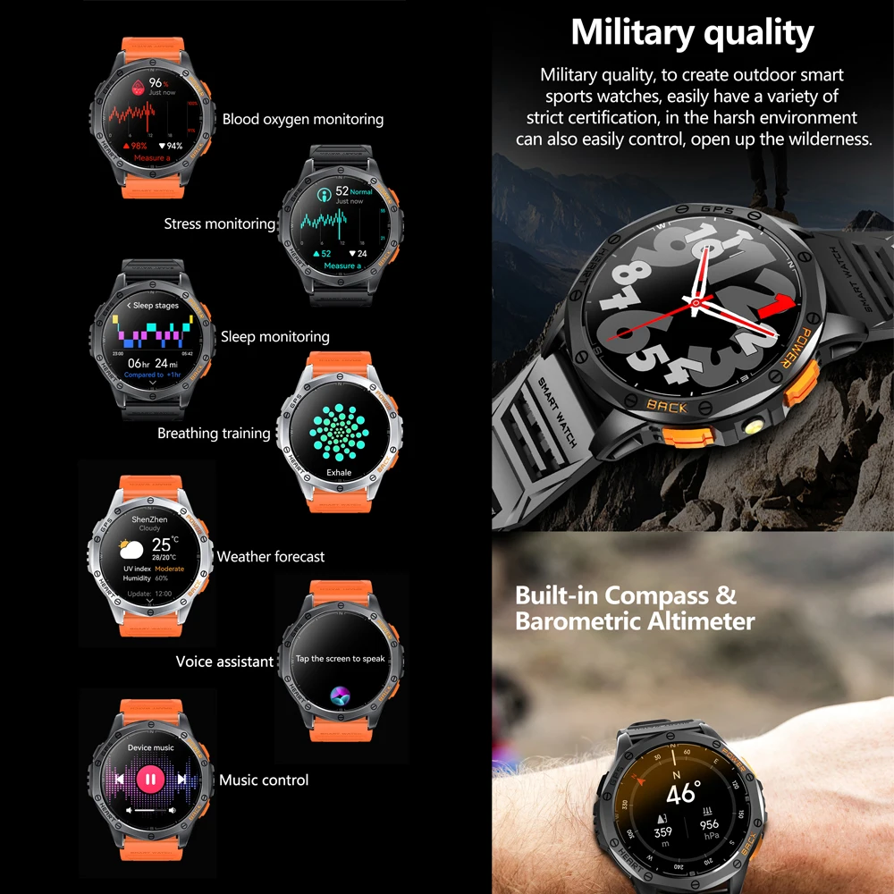 Amoled Smart Watch Men LED Flashlight Compass Barometric Altimeter Outdoor Sports Montion Fitness Tracker BT Call K67 Smartwatch