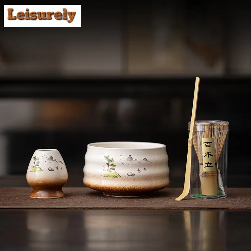 Threaded Ceramic Matcha Four-piece Set Japanese Style Tea Whisk Frothing Stirring Tool Holder Hundred Book Stand Tea Ceremony