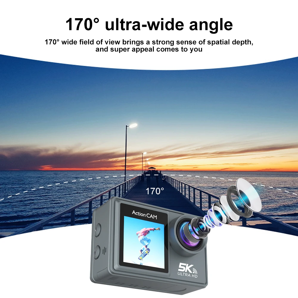 5K Action Camera 4K60FPS Dual IPS Touch LCD WiFi 170° DVR Action Cam 30M Waterproof 5X Zoom Sports Camera With Remote Control 3