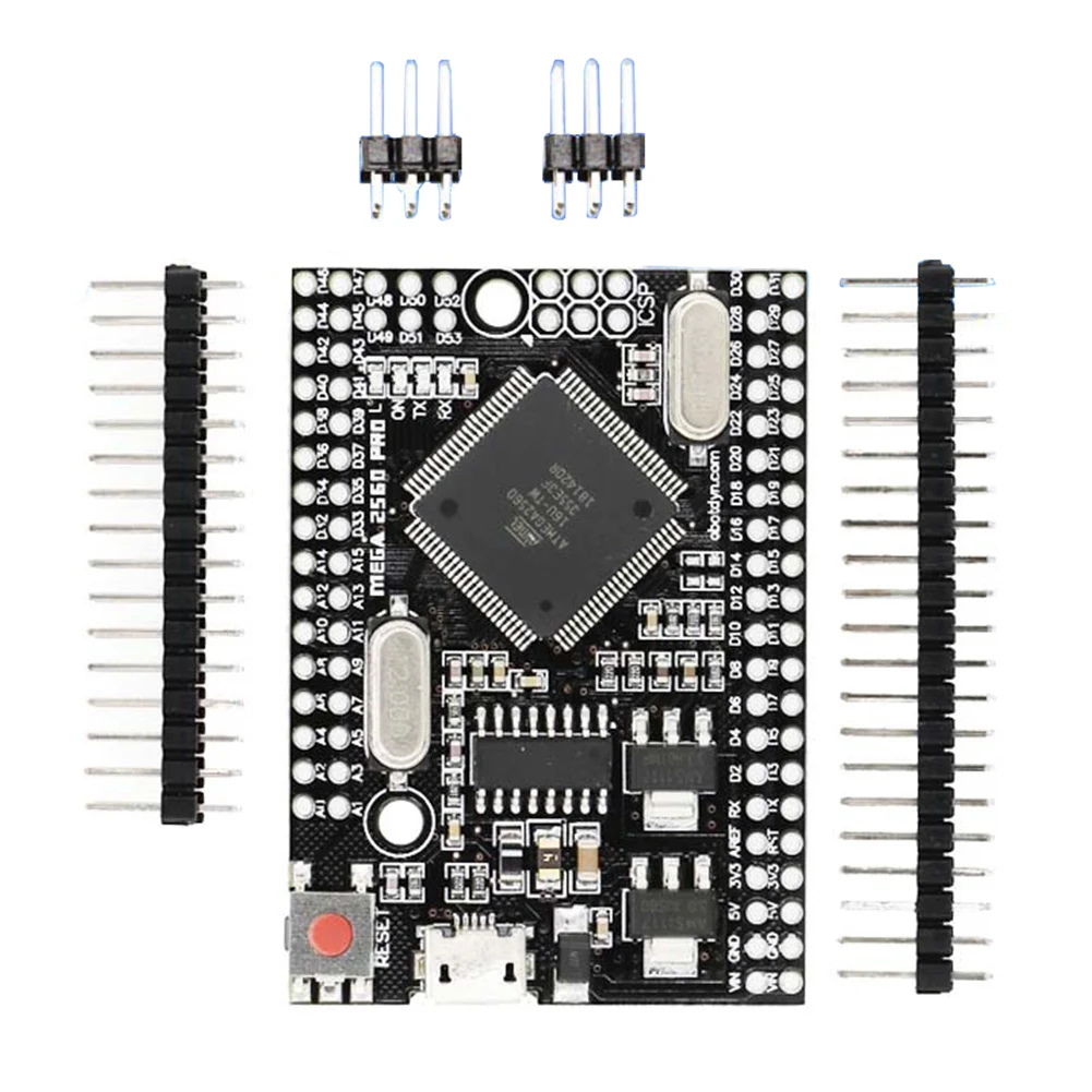 

Плата Mega2560 Pro для электроники DIY, 5 В, со штыревыми разъемами, встроенная модель CH340G, совместима с Arduino Mega