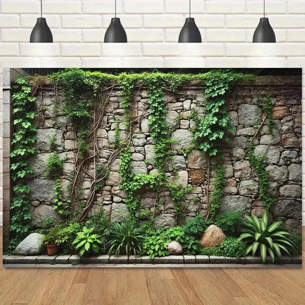 HD-Vibrant Tropical Wall Garden Tapestry – ผ้าแขวนผนังพร้อมพืชเขียวชอุ่มและพื้นผิวหิน โพลีเอสเตอร์ ตกแต่งภายใน/ภายนอกอาคาร 1