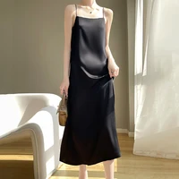 2025 New Model One Collar French High-end Silk Camisole Dress.  Solid Color Base Long Skirt 1