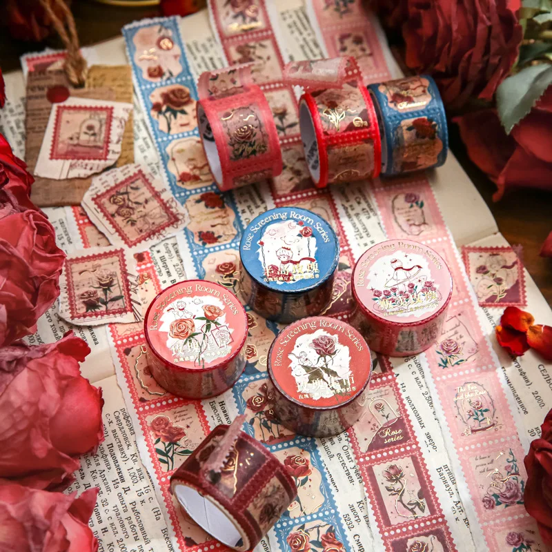 

1Pc Retro Rose Stamp Foil Masking Washi Tape Vintage Art Decorative Adhesive Material Sticker Label Scrapbooking