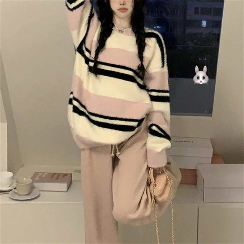 

Sigutan 2023 Autumn Winter New Fashion Stripe Women Sweater Comfortable Mink Fleece Pullover Casual Loose Female Knitted Tops
