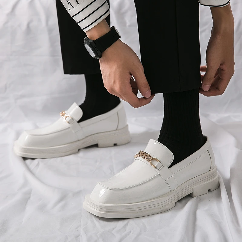 White Thick Sole Leather Shoes Metal Chain Loafers Square Head