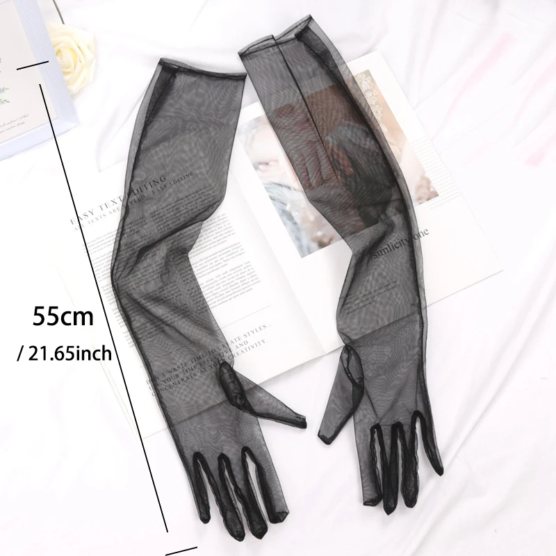 Women's Sexy Transparent Gloves Long Tulle Gloves Ultra Thin Full Finger Mittens Mesh Elbow Wedding Bride Sheer Sunscreen Glove