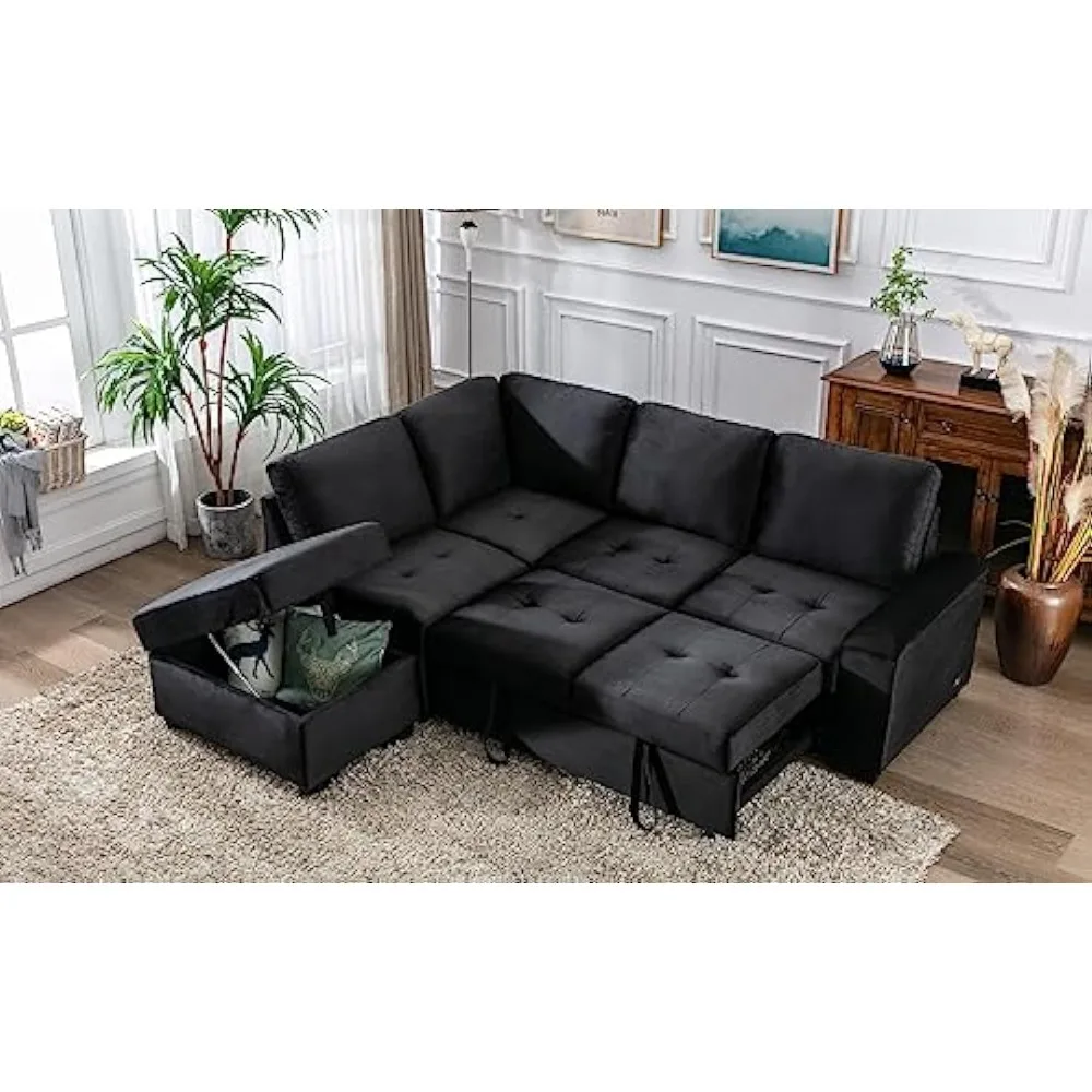 

Sectional Couch Bed,2 in 1 Pull Out Sleeper Sofá,Convertible L-Shaped Sofa with Ottoman & Hidden Arm Storage & USB Charge-Black