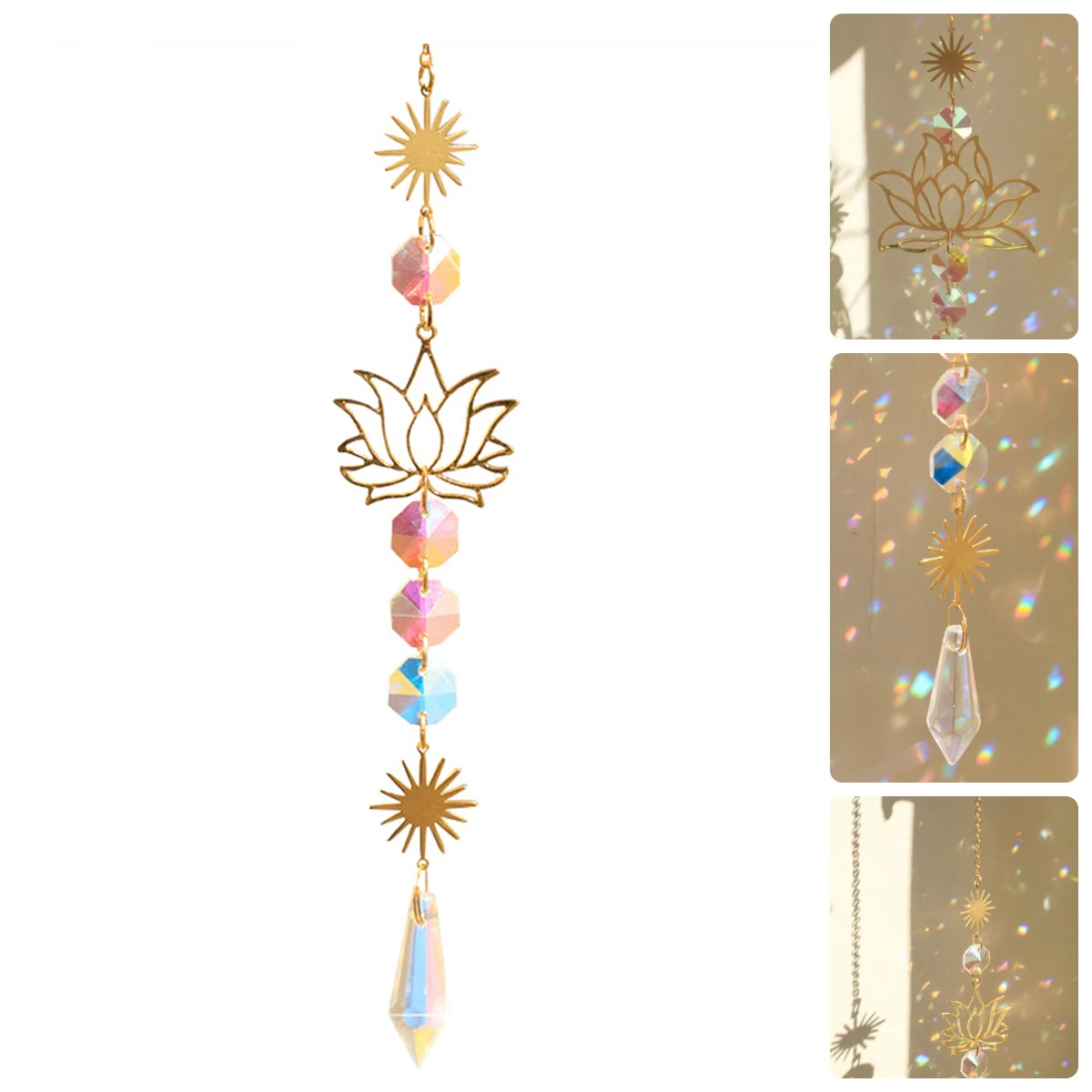 1Pc Golden Lotus Sun Catcher Pendant Colorful Water Drop Crystal Festival Wedding Party Decoration Pendant Gardening Craftings