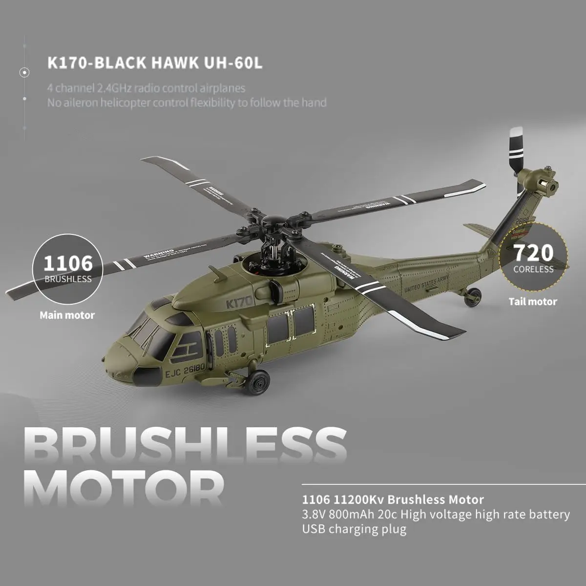 WLtoys K170 RC 헬리콥터 (자이로 탑재) UH-60L 2.4Ghz 4채널 6축 자이로스코프 RC 비행기 브러시리스 모터 LED 조명 포함 어린이용 RC 장난감