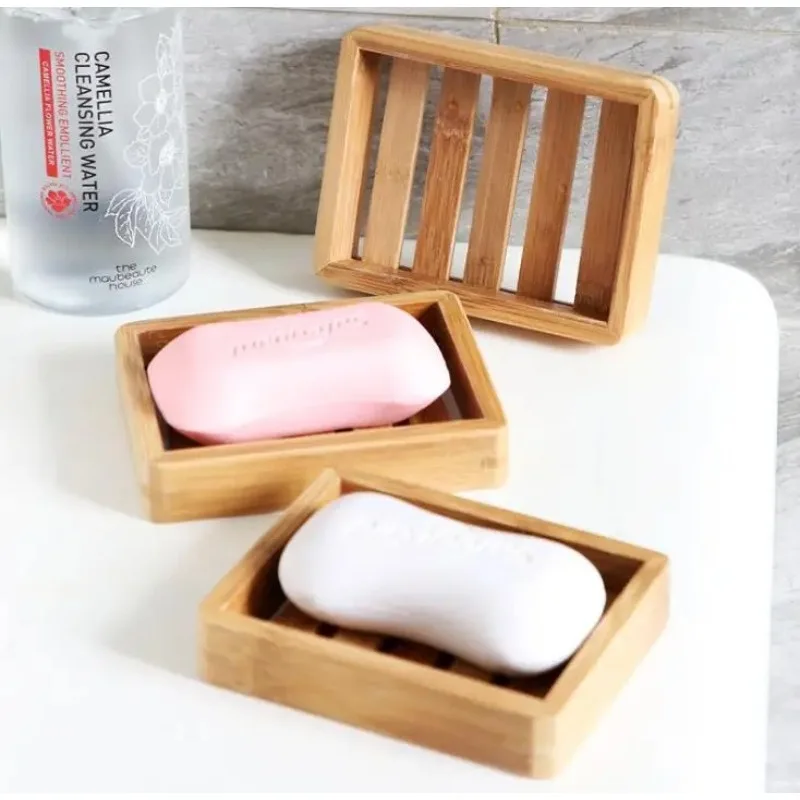 

Natural Bamboo Wood Soap Dish Bathroom Tray Sink Deck Bathtub Storage Self Draining Bar Dishes Sponge Holders Stand