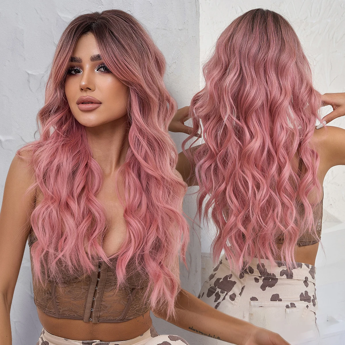 

oneNonly Pink Wigs Long Wave Wigs with Bangs Cosplay Wig for Women Synthetic Wigs High Quality Party Natural Heat Resistant Hair