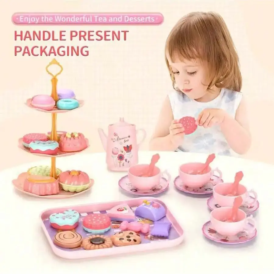 Little Girl Tea Party Set 42 pieces Kitchen Pretend to Play Tea Time Toy with Dessert Biscuits Donuts Pot Princess Gi