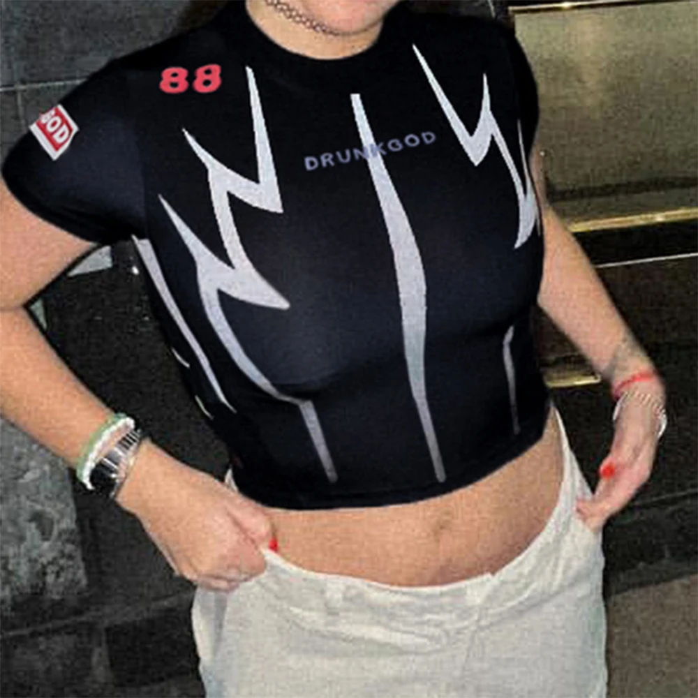 

Motorcycle style printing Slim short top 2023 new round neck thin navel T-shirt tide Woman clothing