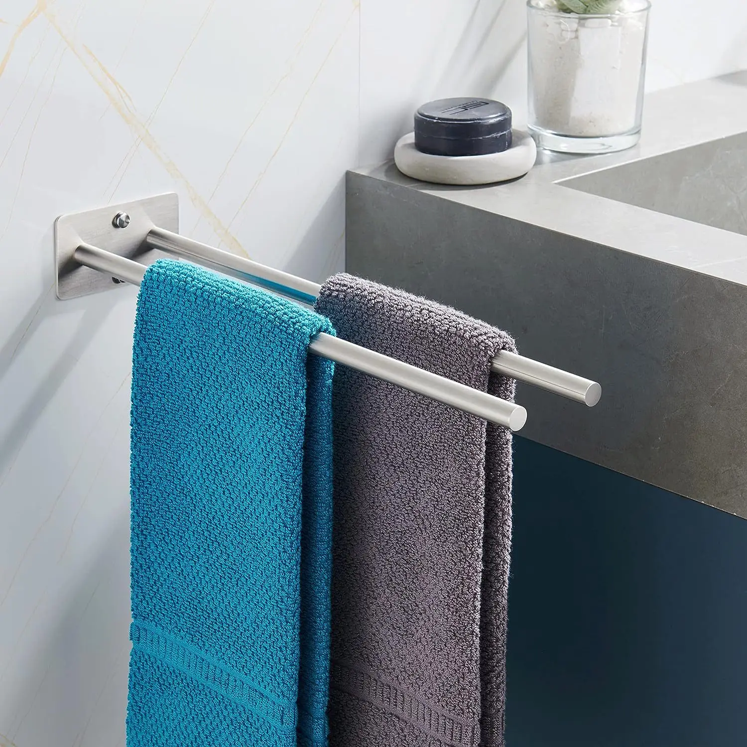 Stainless Steel Bathroom Towel Rack Wall Mounted Double Rod Towel Bar Shower Holder Bathroom Organizer Household Items