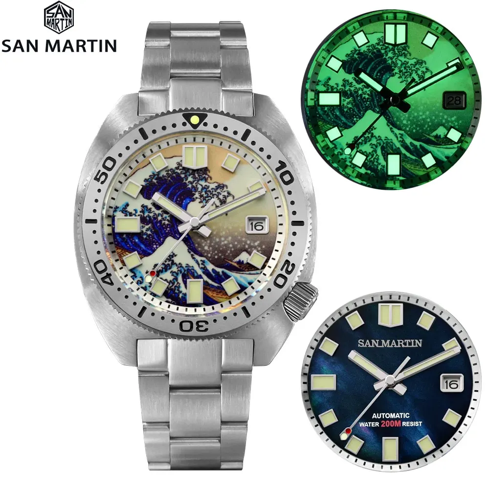 San Martin Men Diver Watch 6105 Wave 3D Printing Full Luminous Kanagawa Surf Dial Nh35 Orologi Meccanici Automatici Zaffiro