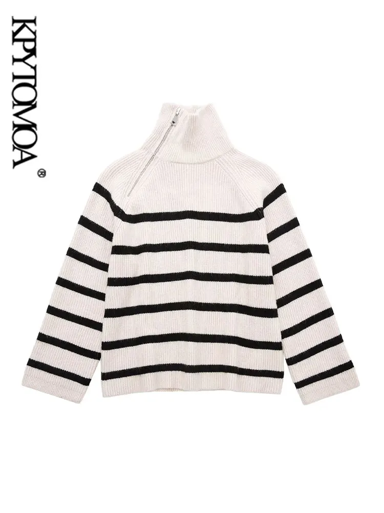 

KPYTOMOA Women Fashion With Zipper Striped Loose Knit Sweater Vintage High Neck Long Sleeve Female Pullovers Chic Tops