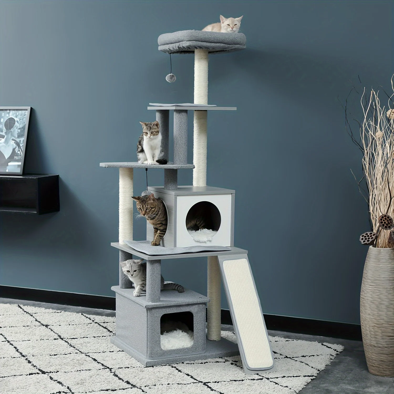 

Modern Wood Cat Tree, Cats Multi Floor Large Play Tower Sisal Scratching Post, Kitten Furniture Activity Centre With Condo Playh