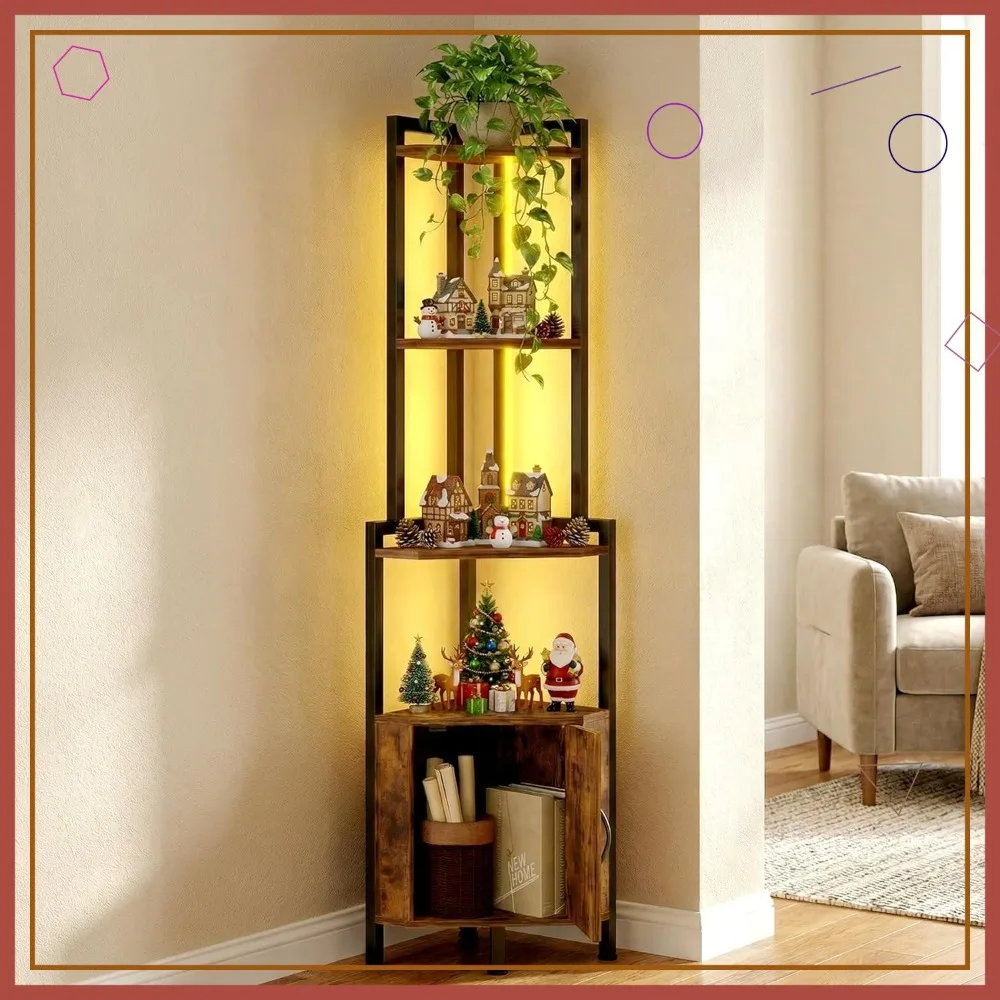 5-Tier Rustic Brown LED Corner Shelf - Space-Saving Storage Organizer ...