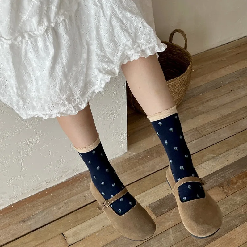 3 Pairs Causal Cute Light Vintage Navy Blue Bow Korean Socks Women's Mid-tube Sock Simple Comfortable Daily Commute Stocking – Detail 15