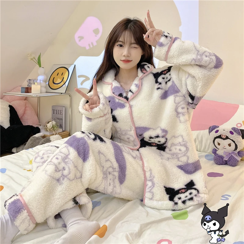 

Cartoon Sanrios Kuromi Plush Sleepwear Winter Thickening Leisure Comfort Coral Velvet Pajamas Cute Girl Household Clothes Gift