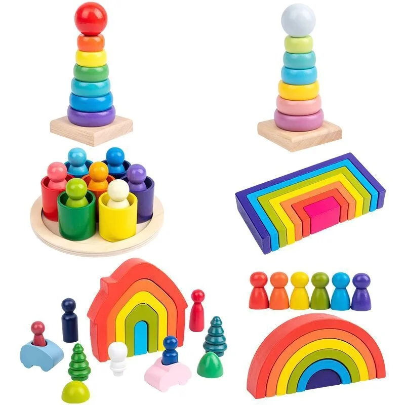 

Rainbow DIY 3D Wooden Toys Stacking Game Balancing Montessori Educational Toys For Children Kid Gifts