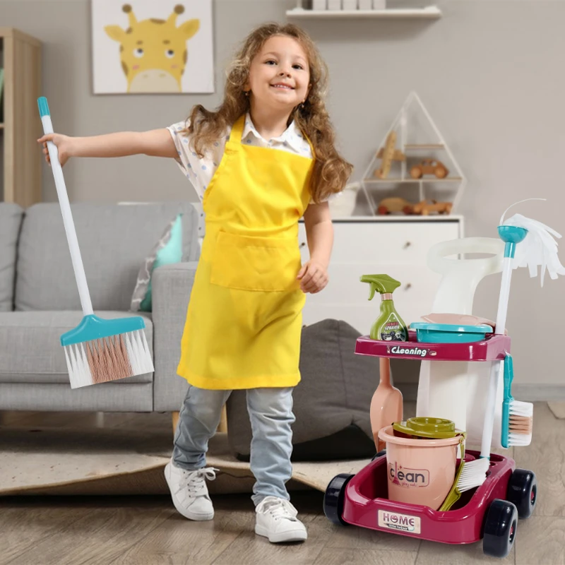 Kid Cleaning Toy Set Detachable Housekeeping Cart with Cleaning Tools Pretend Play Toys Gifts for Child Develop Hand-on Ability 2