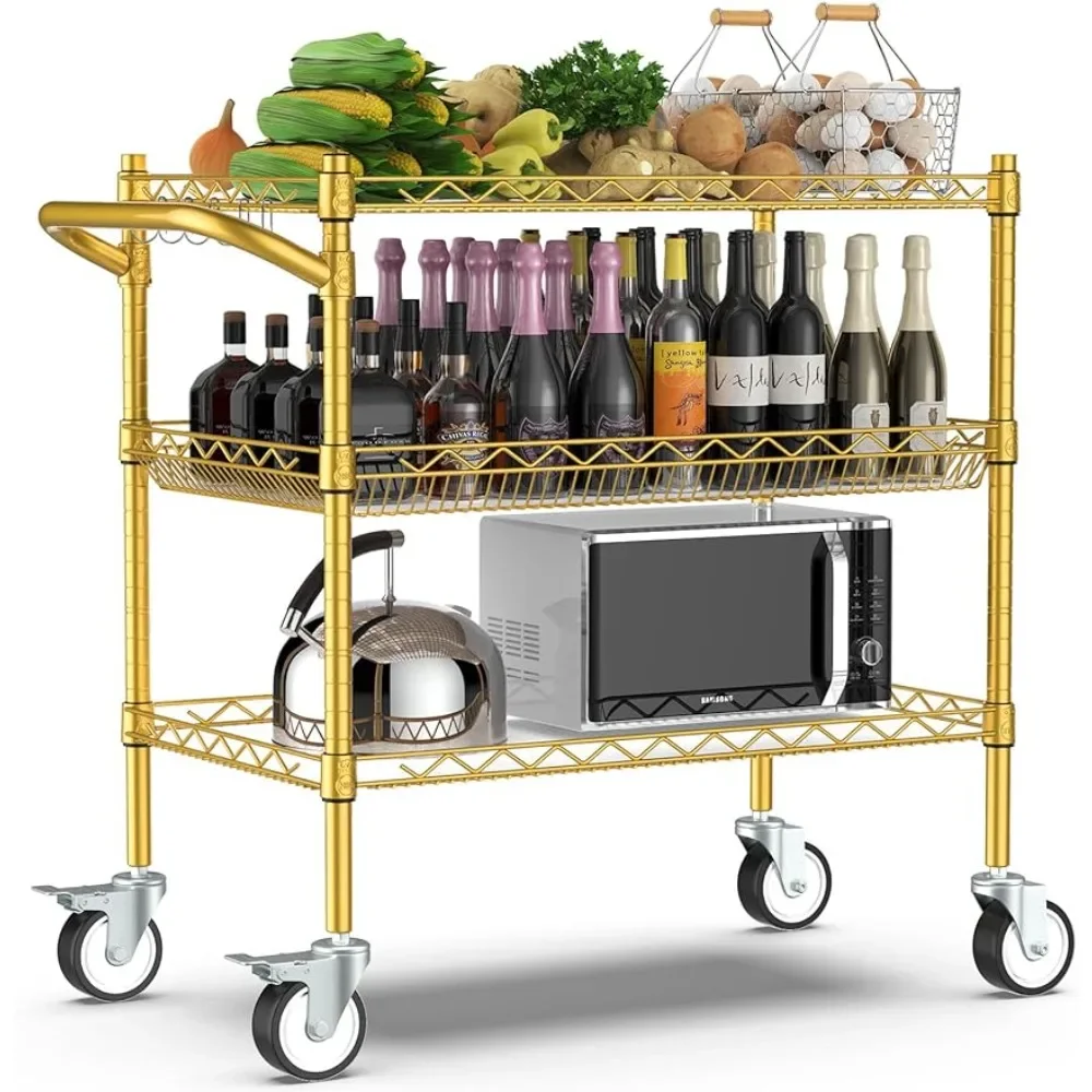 

Utility Cart Heavy Duty 3 Tier Rolling Utility Cart Kitchen Organizer Storage 990Lbs Capacity Rolling Carts With Wheels Gold